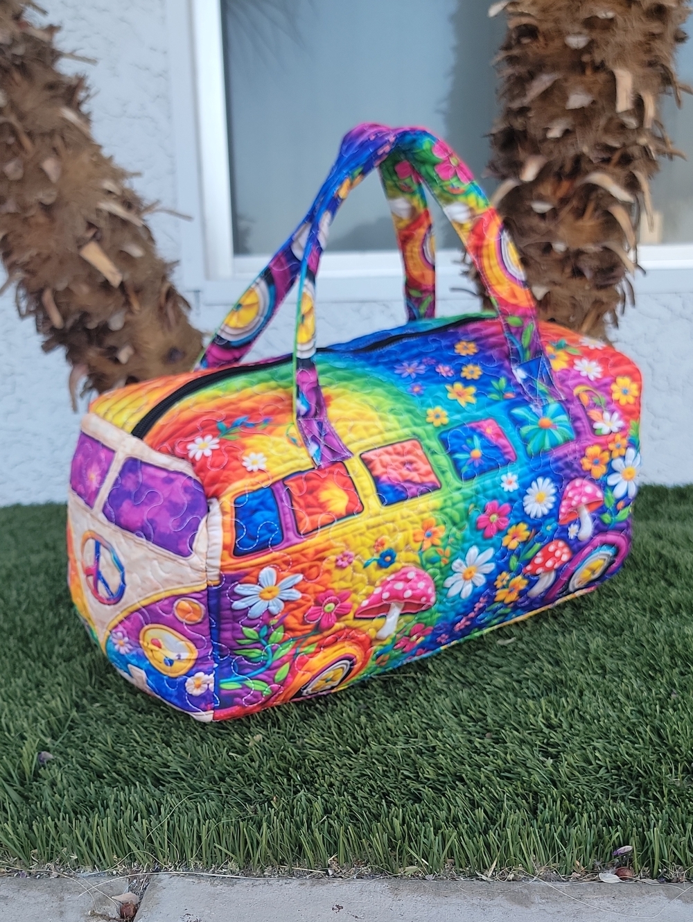 Hippie Rainbow Van Quilted Duffle Bag